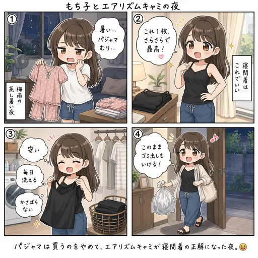 エアリズムキャミがパジャマの正解だった。蒸し暑い夜、パジャマは買うのをやめた(4コマ漫画)