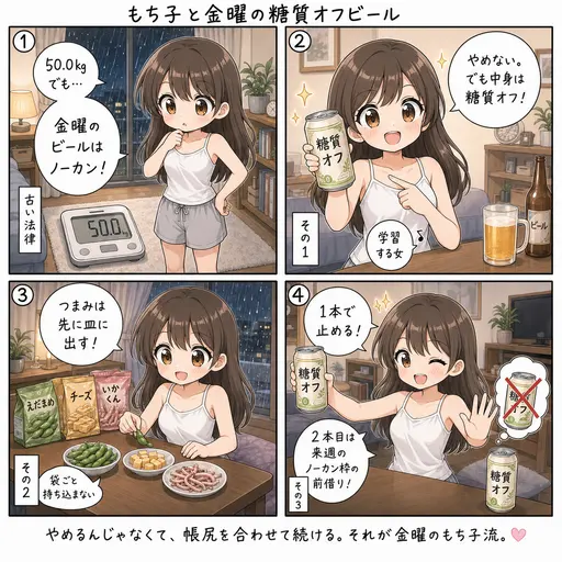 体重が50.0kgになった週の金曜。それでも「金曜のビールはノーカン」は撤回しません。ただし糖質オフと、つまみで帳尻を合わせる(4コマ漫画)
