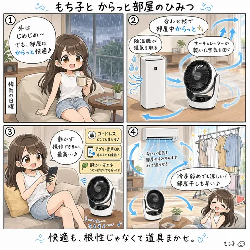 SwitchBotサーキュレーターと除湿機の併用で梅雨も快適。からっとした風が部屋をめぐる(4コマ漫画)