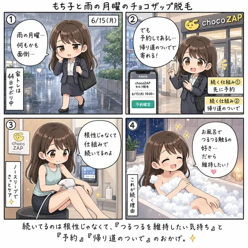 梅雨で何もかも面倒な月曜でも、チョコザップの脱毛にだけは行ける。お風呂でつるつるを触るのが好きで、維持したいから(4コマ漫画)