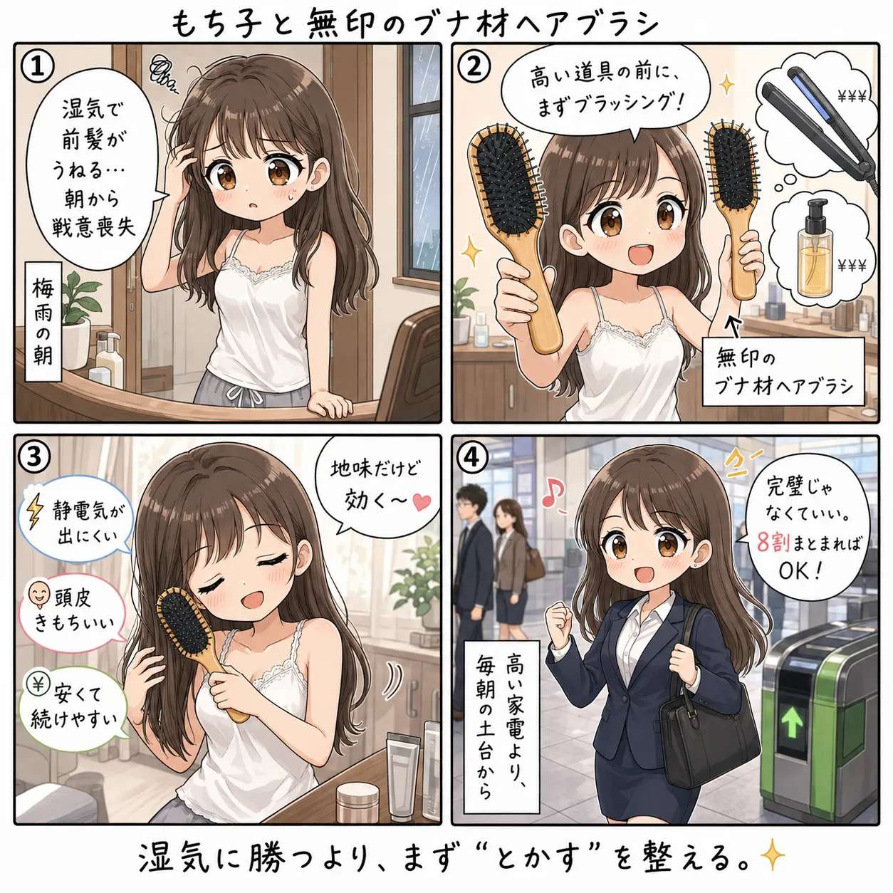 もち子と無印のブナ材ヘアブラシ(4コマ)