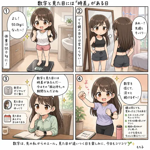 体重は50.0kgになったのに、鏡の自分は先週とそっくり。数字が減っても見た目が追いつかない話(4コマ漫画)