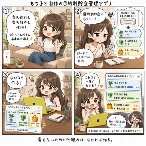 楽天銀行に目的別口座がないので、貯金管理アプリを自作した(4コマ漫画)