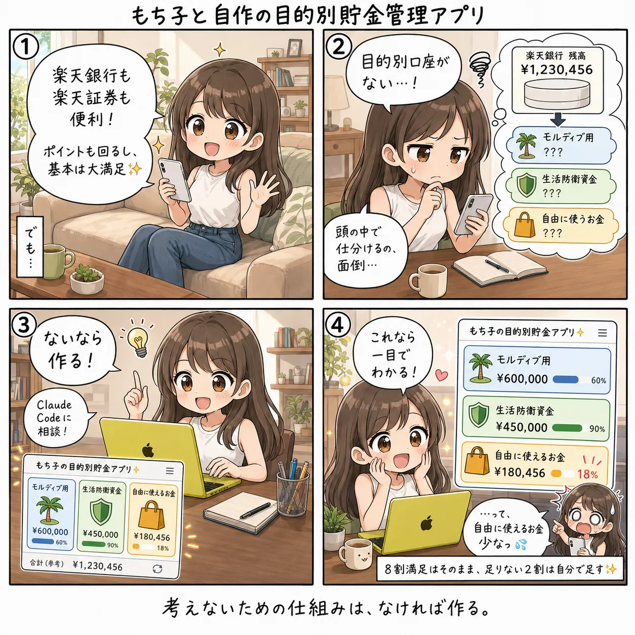 もち子と自作の目的別貯金管理アプリ(4コマ)