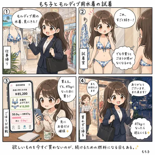 モルディブ用の水着を見に行って、試着だけして買わずに帰った金曜。まだ買わないのは、ご褒美を先に置いておくため(4コマ漫画)