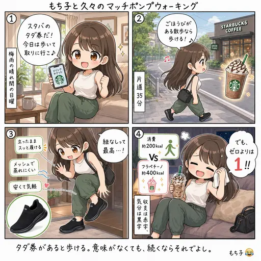 スタバのチケットをもらったので、久々のマッチポンプウォーキング。片道歩いてフラペチーノ飲んで歩いて帰る(4コマ漫画)