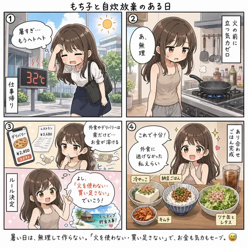 暑すぎて自炊放棄。でも外食には逃げない。『火を使わない・買い足さない』で乗り切ると決めた(4コマ漫画)