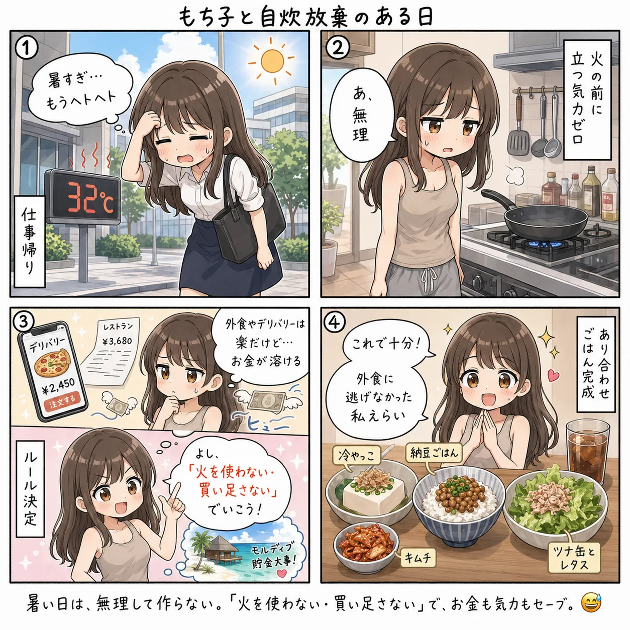 もち子、暑すぎて自炊放棄して火を使わないあり合わせで済ませる(4コマ)