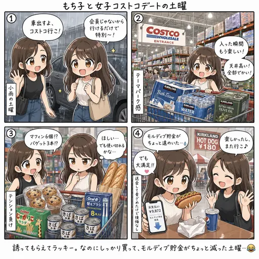 女子と車でコストコデート。会員じゃないと入れないから誘ってもらえてラッキー、なのにモルディブ貯金がちょっと減った土曜(4コマ漫画)