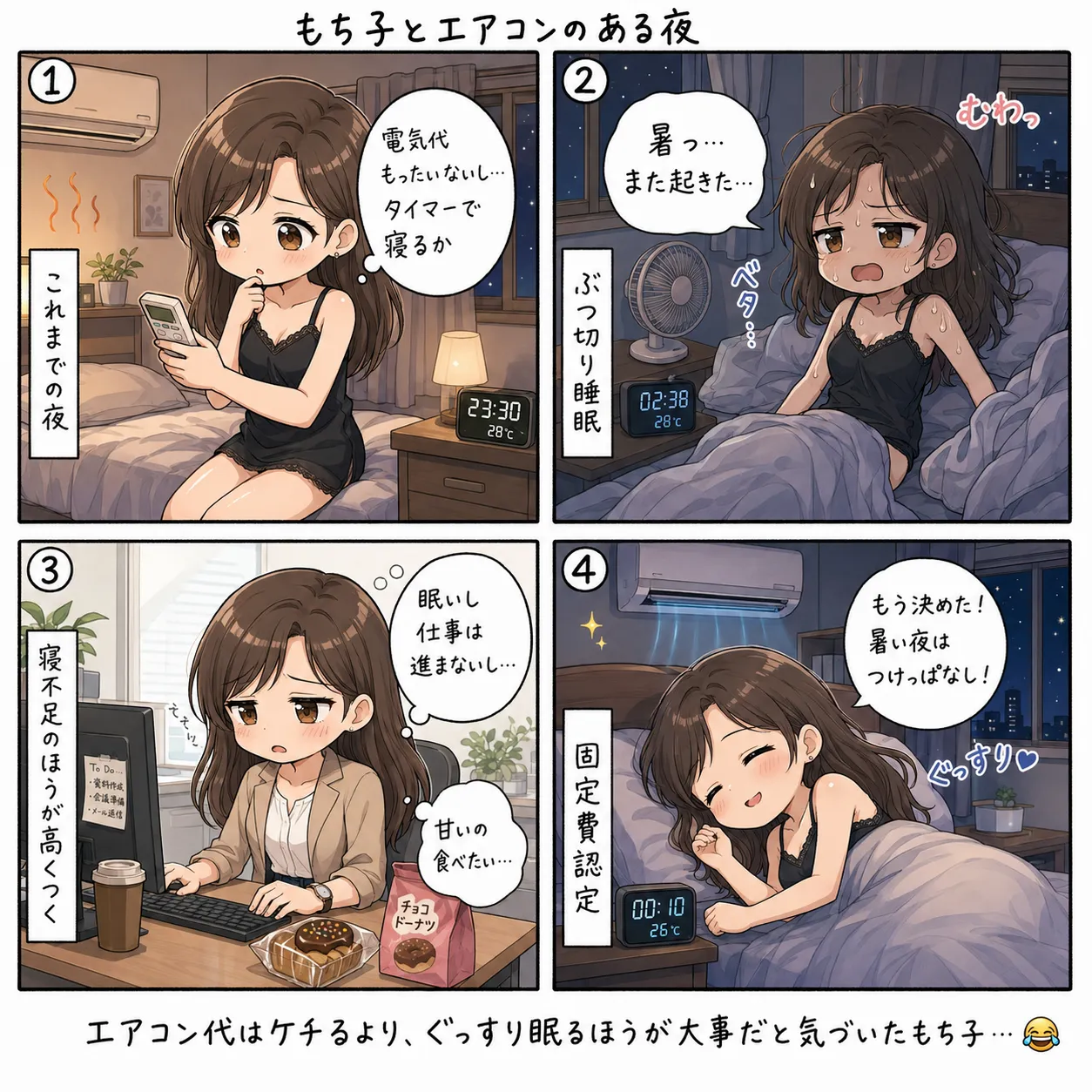 もち子、暑い夜はエアコンをつけっぱなしで寝ると決める(4コマ)