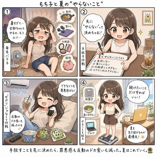 夏は『やらないこと』を先に決めた。自炊も家トレも完璧な化粧直しも手放したら、罪悪感も反動のドカ食いも消えた(4コマ漫画)