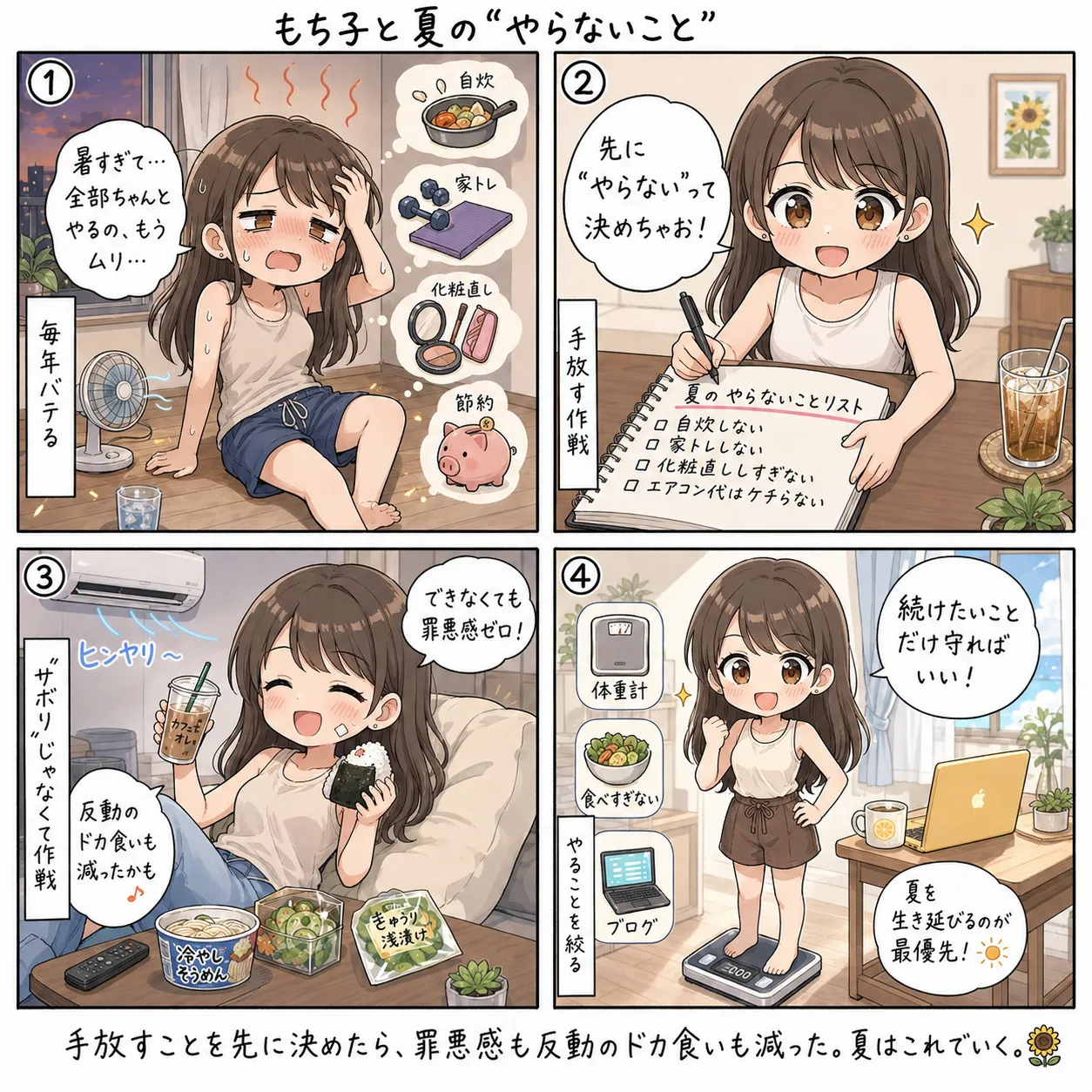 もち子、夏は「やらないこと」を先に決めて罪悪感を手放す(4コマ)