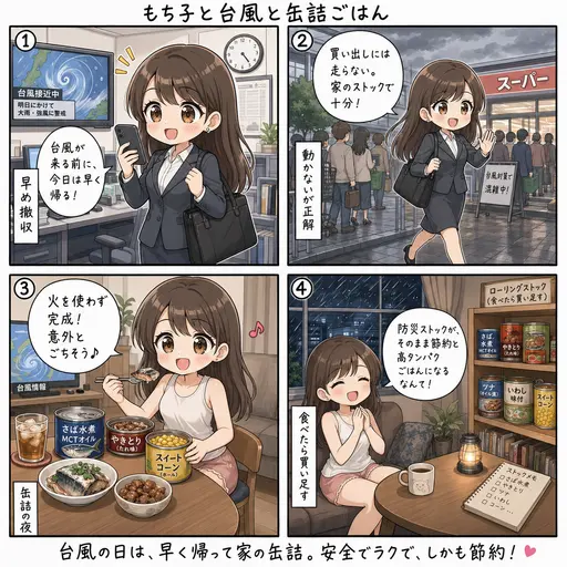 防災ストックの缶詰がそのまま高タンパクごはんに。台風の夜、早く帰って缶詰で済ませた(4コマ漫画)