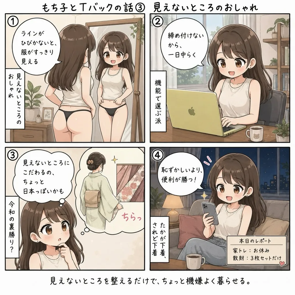 もち子、ラインを出さないおしゃれと締め付けない楽さ、見えないところに凝るのは令和の裏勝りかも(4コマ)