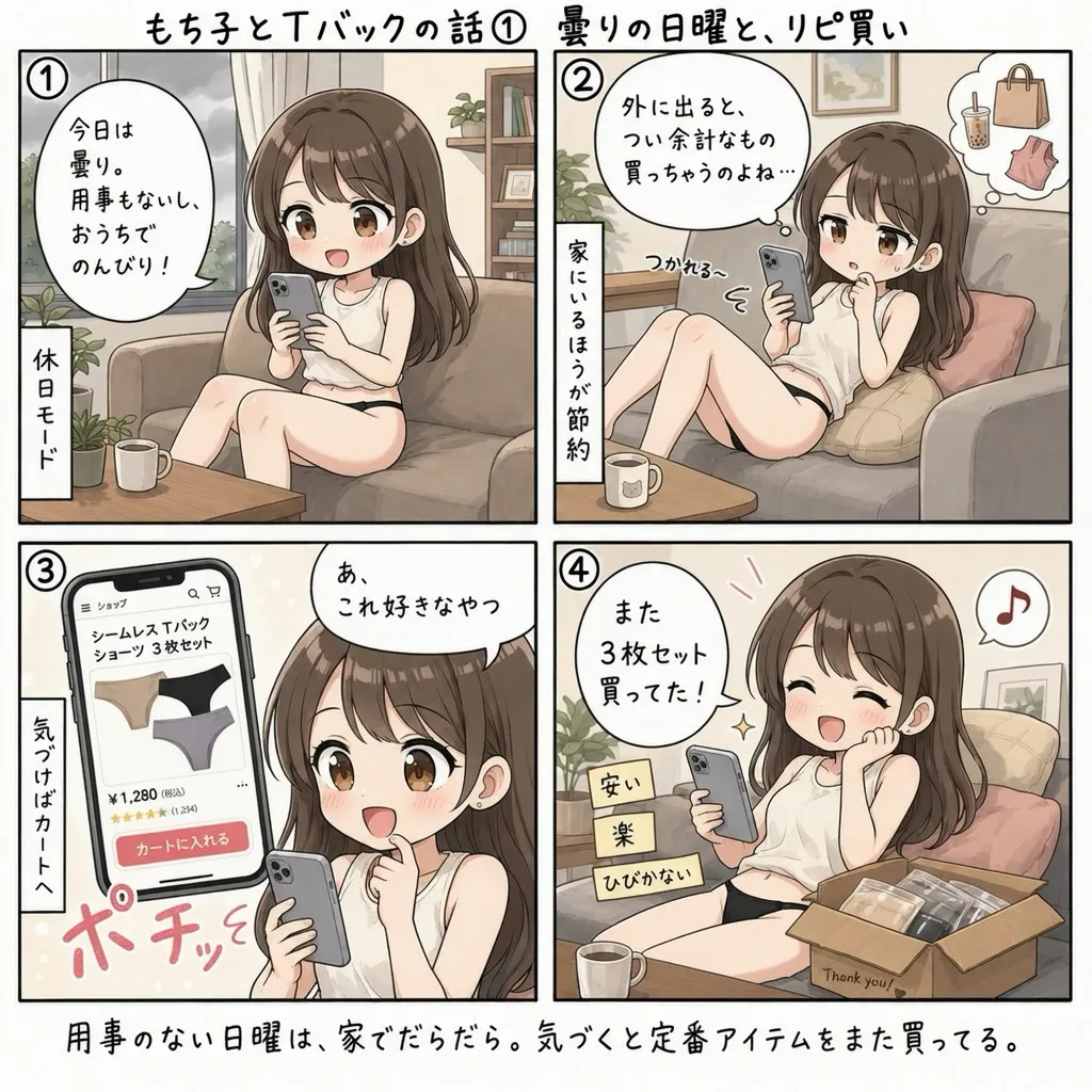 もち子、曇りの日曜に引きこもってネットでTバックをまとめ買いする(4コマ)