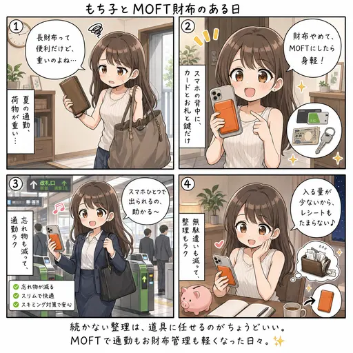 MOFTをスマホの裏に貼って財布をやめた。カードとお札だけで手ぶら通勤(4コマ漫画)