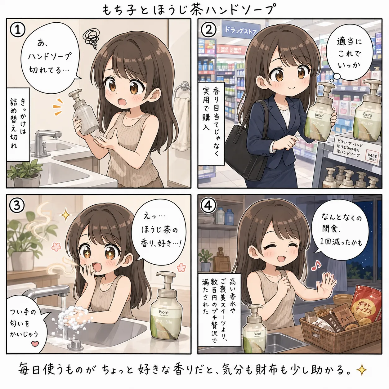 もち子、適当に買った泡ハンドソープがほうじ茶の香りで大当たりして、洗うたびに手の匂いをかいでしまう(4コマ)