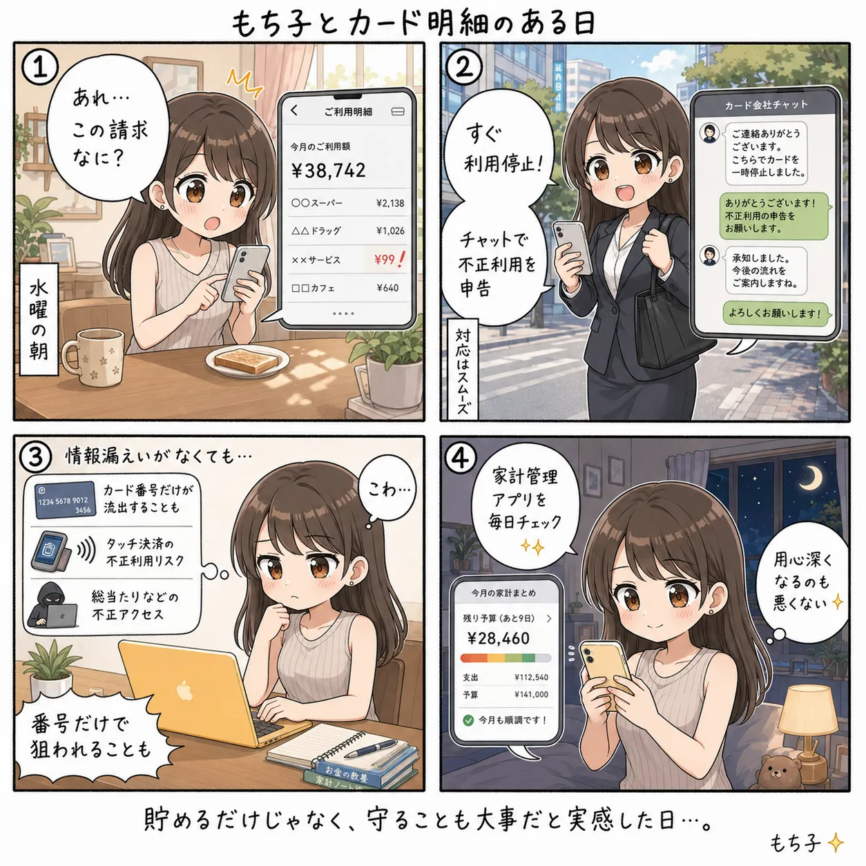 もち子、クレジットカードの明細に見覚えのない請求を見つける(4コマ)