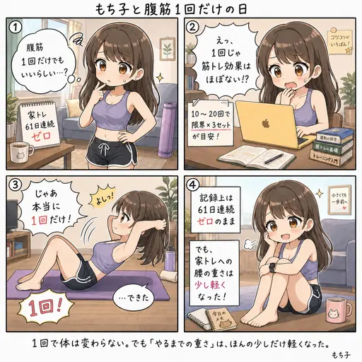 腹筋1回だけでも意味はあるのか。ほぼ無意味と知りつつ、腰の重さは軽くなった(4コマ漫画)