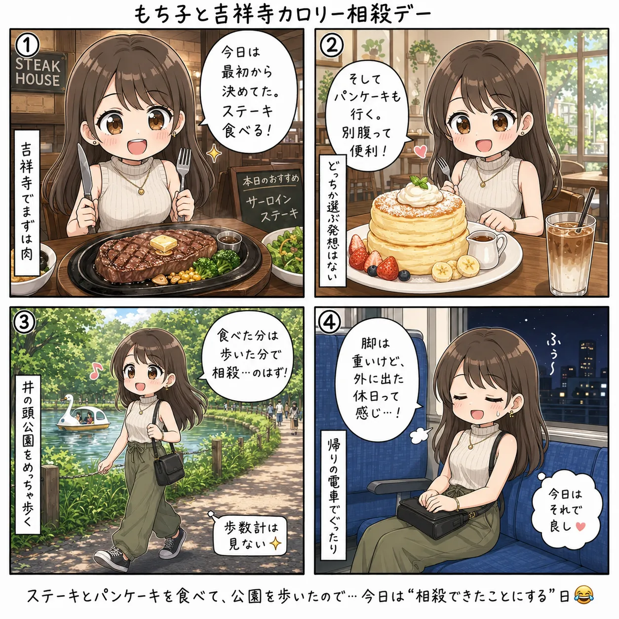 もち子、吉祥寺でステーキとパンケーキを食べて井の頭公園を歩く(4コマ)