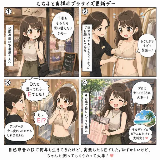 ブラの採寸をプロにしてもらったら、自己申告の「D」がまさかのEでした(4コマ漫画)