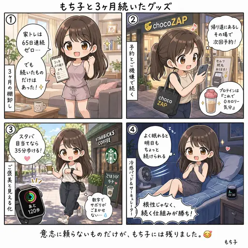 ダイエットグッズで3ヶ月続いたものだけ全部まとめた。意志じゃなく『続く仕組み』で選ぶ(4コマ漫画)
