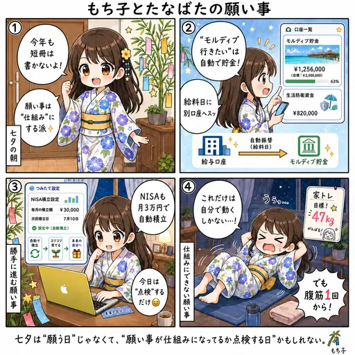 七夕の願い事は短冊に書かずに、仕組みに変える。願うだけでは叶わないので、もち子の貯金は全部自動で動いています(4コマ漫画)