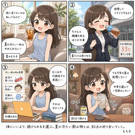 冷たい飲み物がやめられない。むくむのは知ってるけど、夏だけは我慢しないと決めた(4コマ漫画)