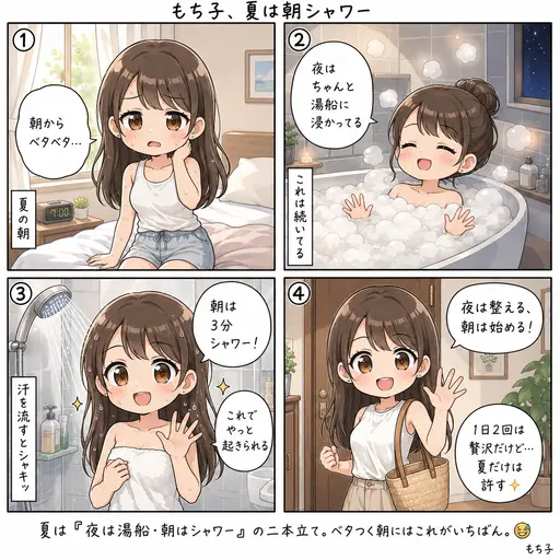 夏は朝シャワーを浴びる。夜は湯船に浸かるのに、朝も汗を流さないと動けない(4コマ漫画)