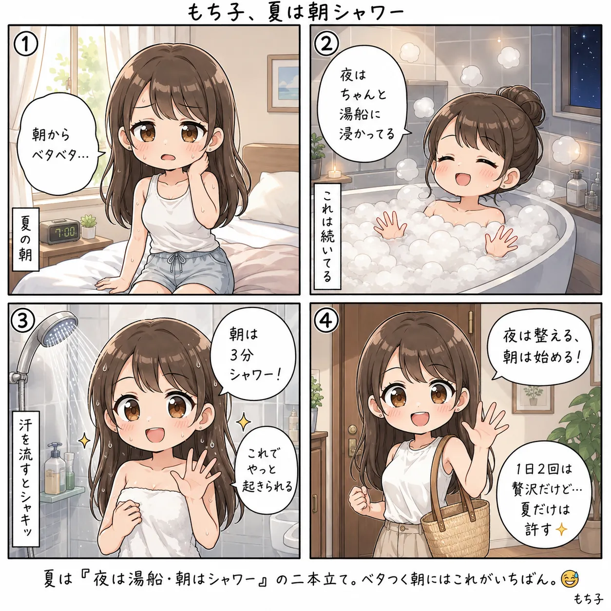 もち子、夏は夜は湯船・朝はシャワーの二本立て(4コマ)