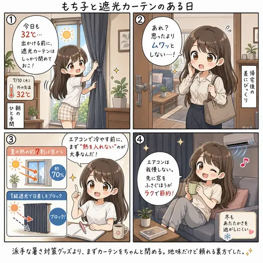 遮光カーテンで部屋が暑くなりにくい。32℃の日、エアコン代を削る前にまず窓をふさぐのが正解だった(4コマ漫画)