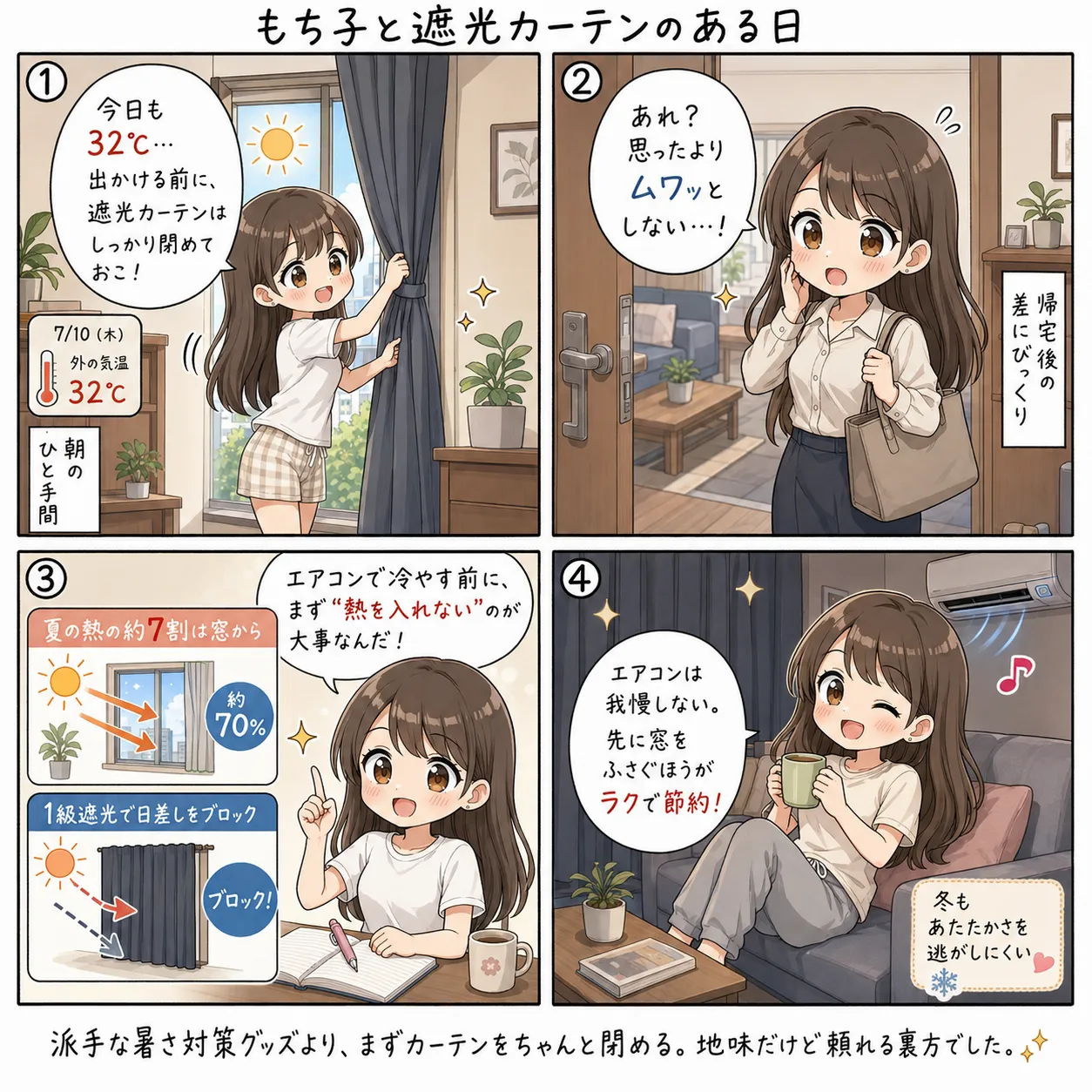 もち子、32℃の日に遮光カーテンの地味なありがたみに気づく(4コマ)