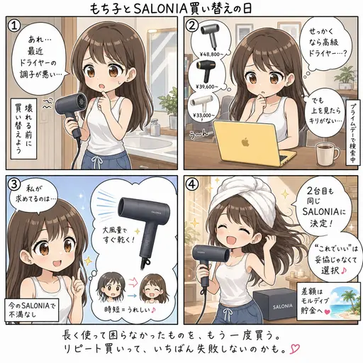 SALONIAの速乾ドライヤーを買い替えた。上を見たらキリがないから、プライムデーで同じものを2台目に(4コマ漫画)