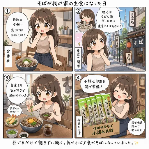 小諸七兵衛を箱買いしてそばが主食になった。ダイエット中のもち子の定番乾麺(4コマ漫画)