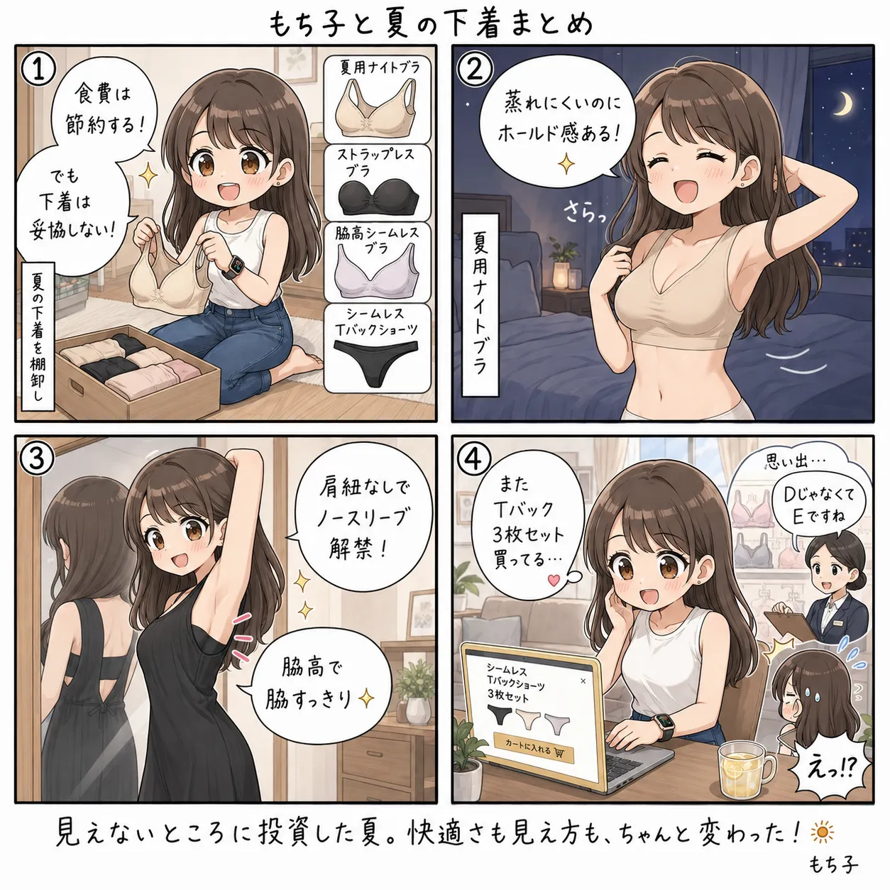 もち子、夏の下着だけを棚卸しして「妥協しなかった」と気づく(4コマ)