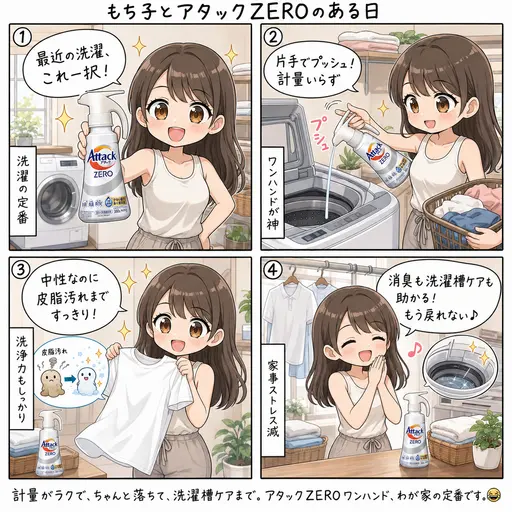 アタックZEROワンハンドタイプの口コミは本当?中性なのに弱アルカリ並に落ちるか使って確かめた(4コマ漫画)