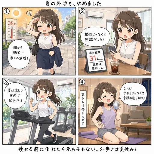 夏のウォーキングはやめた。猛暑日に外を歩くのは根性じゃなく無謀だと気づいたから(4コマ漫画)