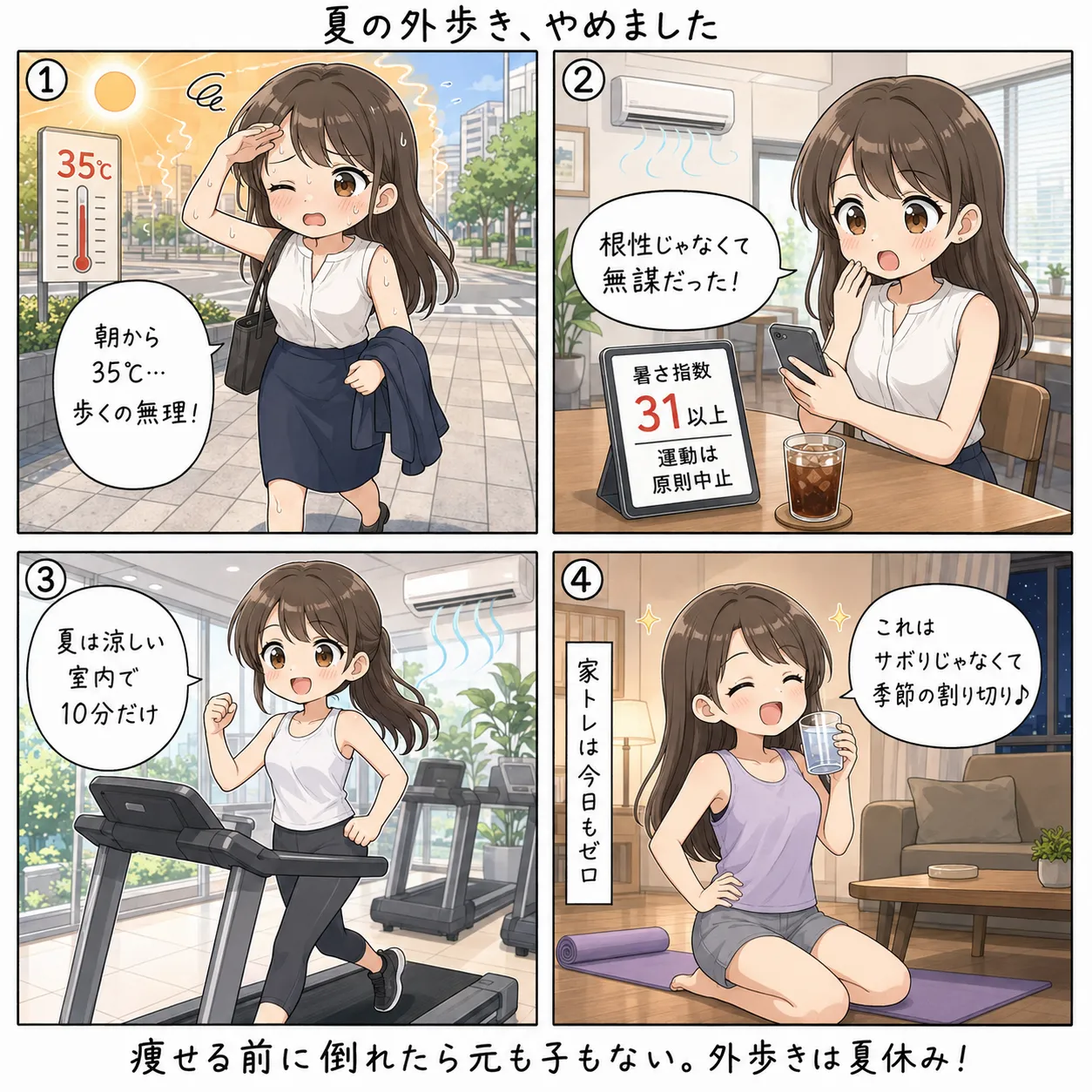 もち子、猛暑日に外ウォーキングをあきらめて涼しい室内に避難する(4コマ)