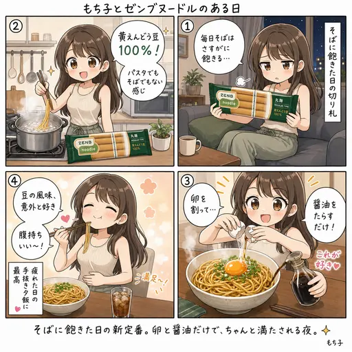 ゼンブヌードルは豆100%で腹持ち抜群。そばに飽きた日のもち子の新定番(4コマ漫画)
