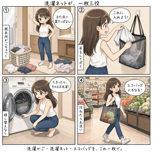 洗濯ネットがエコバッグにもなる。吊り下げ収納できて汚れたら洗える、もち子が珍しく“買うべし”と言うレジ袋型(4コマ漫画)
