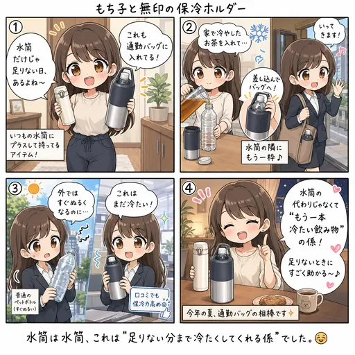 無印良品の保冷ホルダーは水筒じゃない方の飲み物もずっと冷たい。通勤バッグに入れている理由(4コマ漫画)