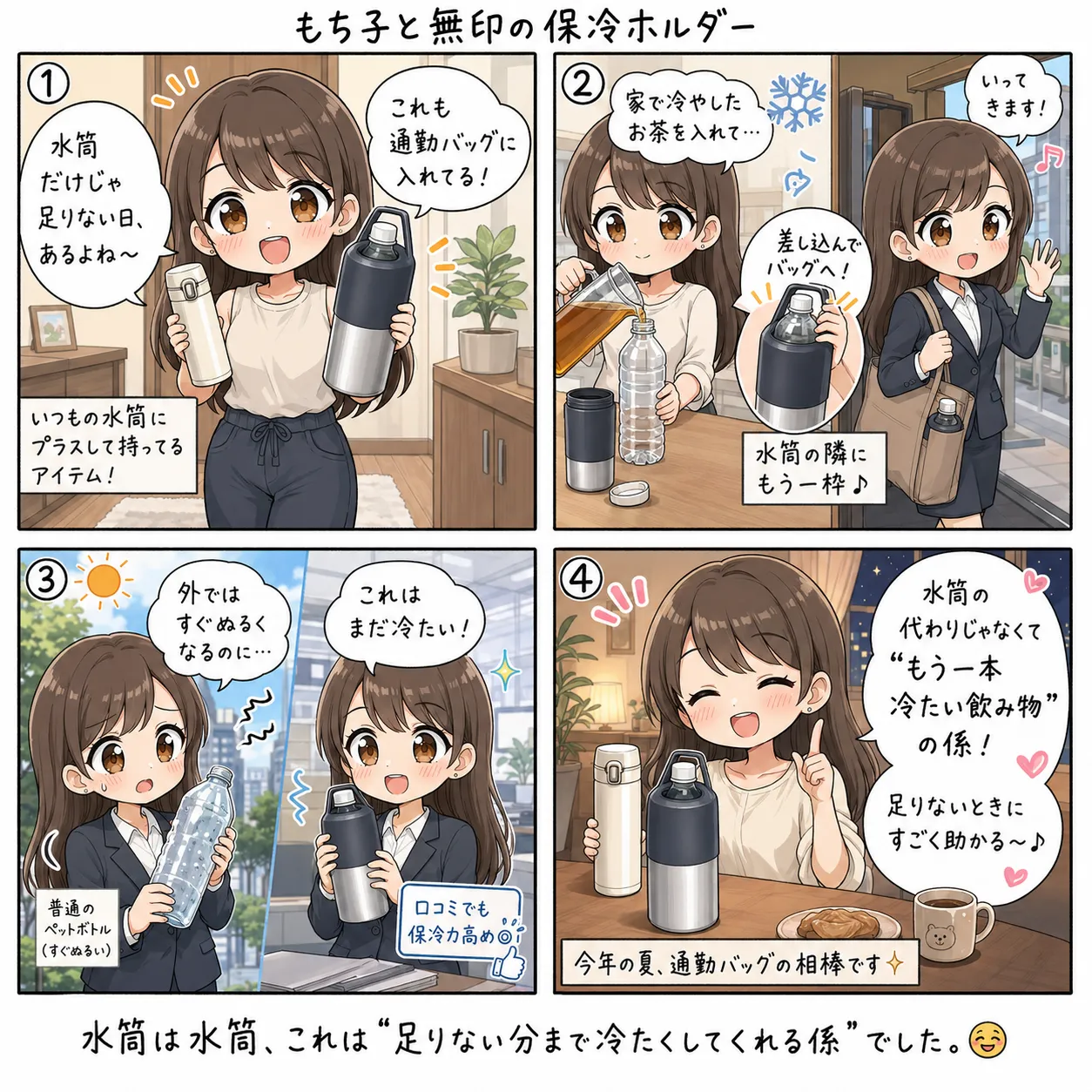 もち子、水筒とは別に無印良品の保冷ホルダーへ家で冷やしたお茶を入れて通勤バッグへ差し込み、外でもずっと冷たいままの保冷力に満足する(4コマ)