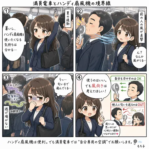 電車のハンディ扇風機、自分の匂いを後ろの人まで飛ばす。使っていい人とだめな人の境界線(4コマ漫画)