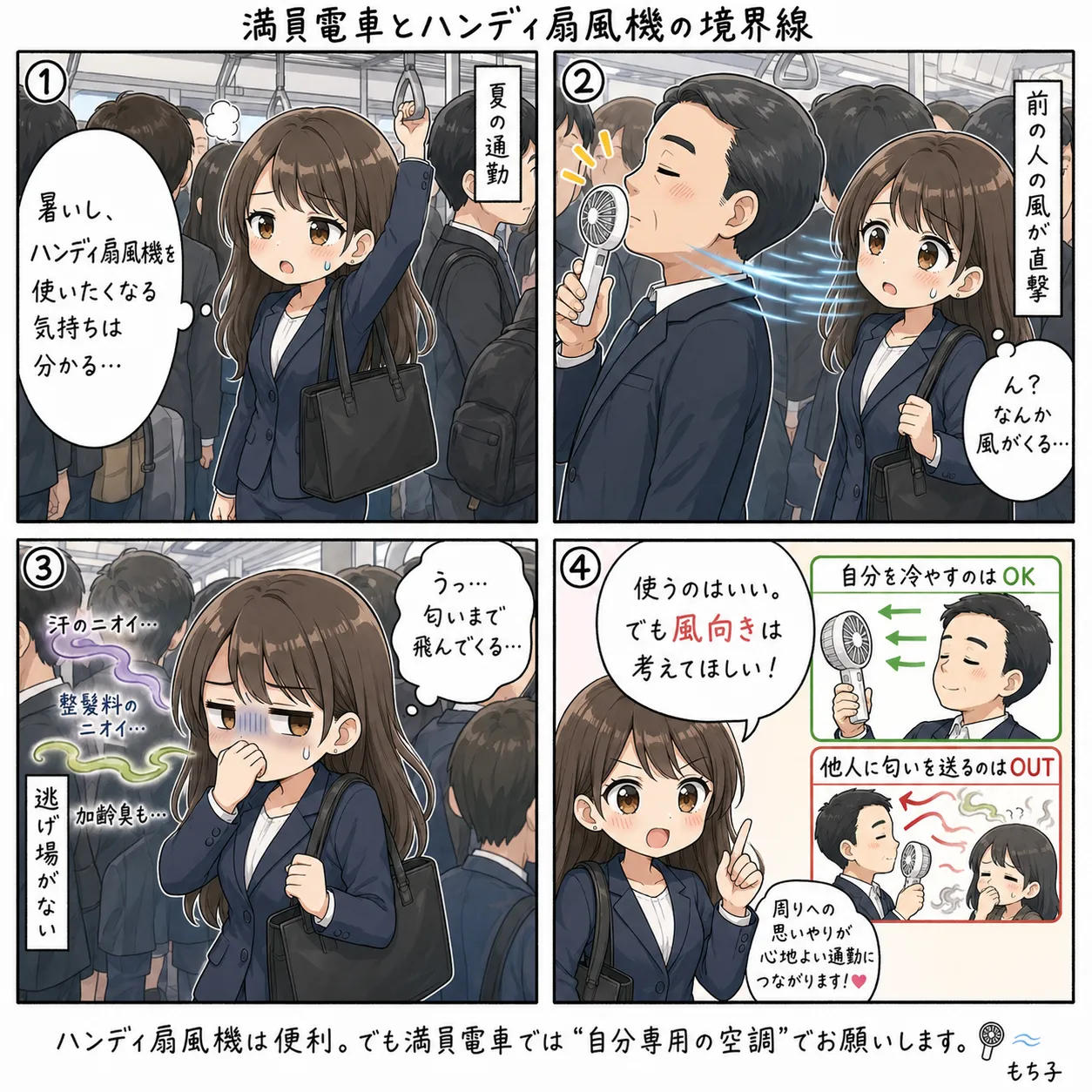 もち子、満員電車で前に立つおじさんのハンディ扇風機の風に匂いごと当てられて閉口する(4コマ)