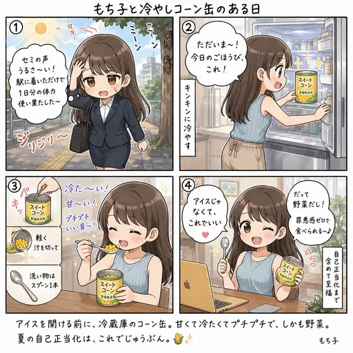 コーン缶は冷やしてそのまま食べるのが至福。夏のおやつはアイスじゃなくて、キンキンのスイートコーンでいい(4コマ漫画)