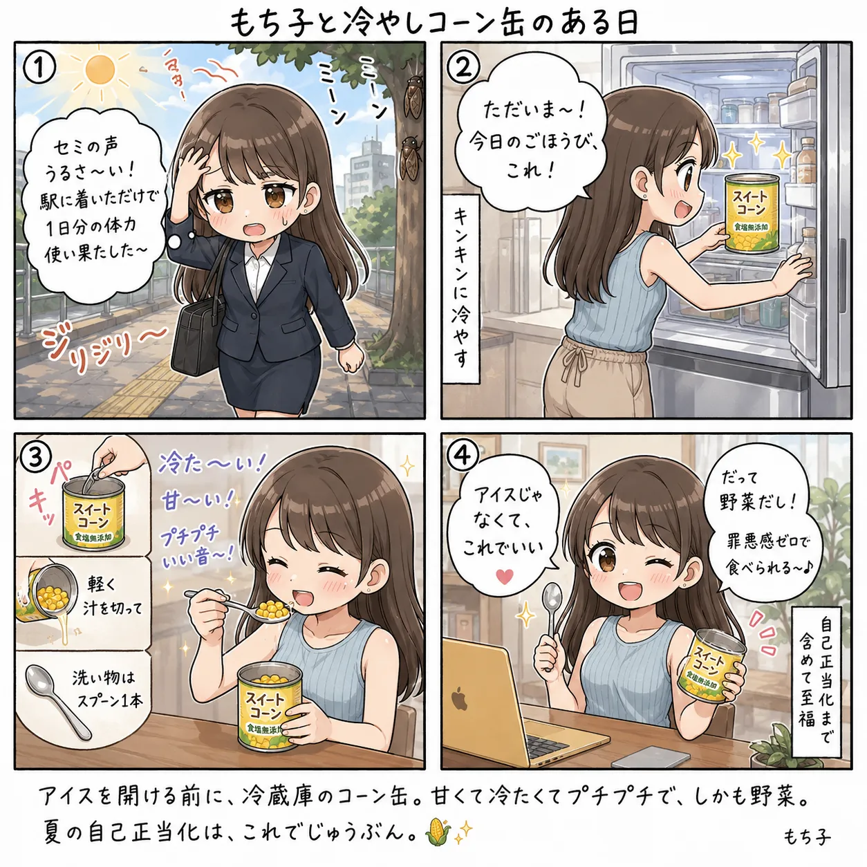 もち子、猛暑の帰宅後にキンキンに冷やしたコーン缶をスプーンでそのまま食べて至福(4コマ)
