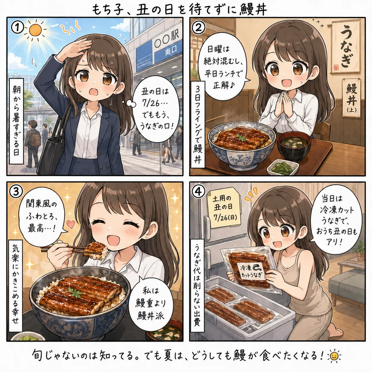 もち子、丑の日を待てずにランチで鰻丼をかきこんで幸せになる(4コマ)