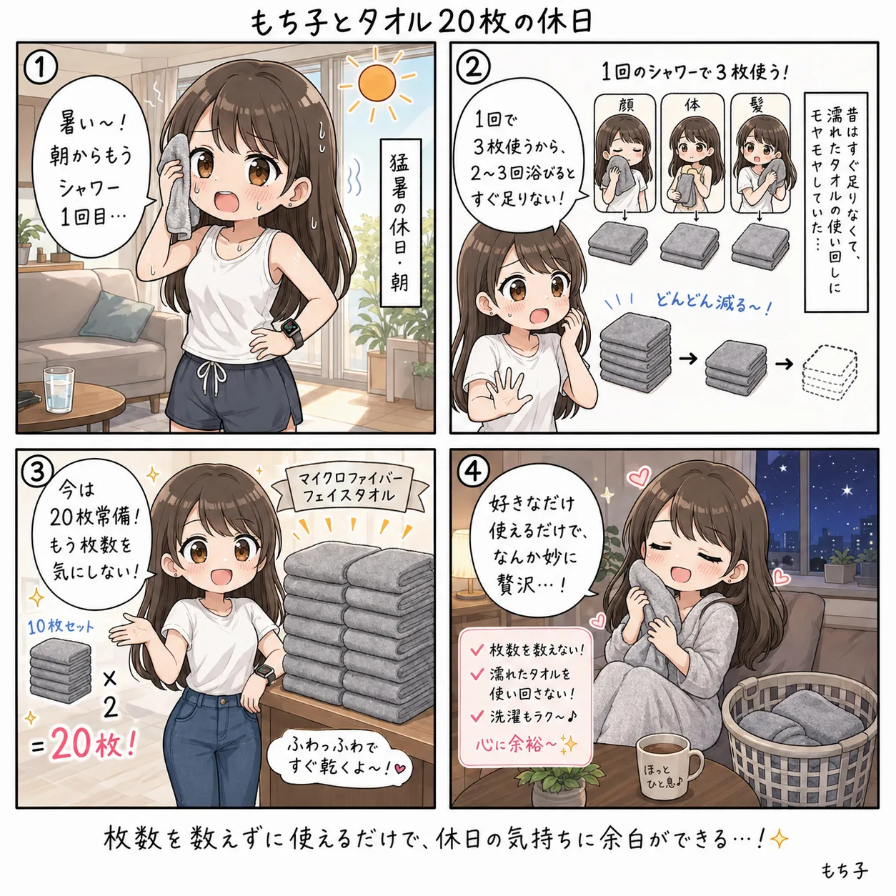 もち子、休日に何度もシャワーを浴びてはマイクロファイバーのフェイスタオルを気にせず使い、枚数の多さに贅沢な気分になる(4コマ)