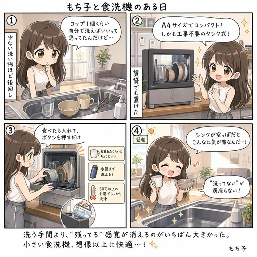 一人暮らしの食洗機はA4サイズで十分だった。工事不要のタンク式で、コップ1個でも回してしまう開放感(4コマ漫画)