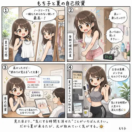 医療脱毛は夏が来るたびに元が取れる。ノースリーブを一瞬もためらわない安心感という自己投資(4コマ漫画)